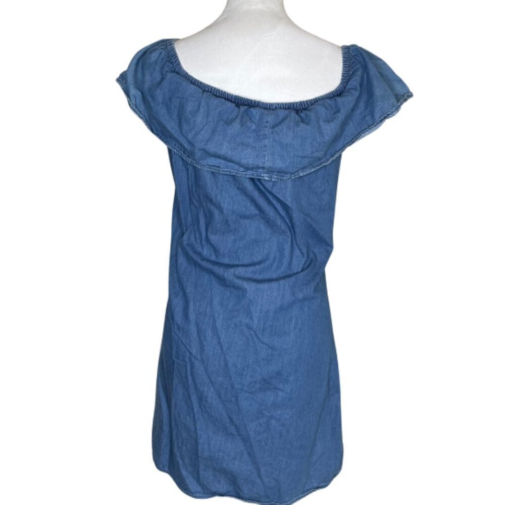 Speed Control Blue Denim Off-Shoulder Midi Dress with Red Floral Embroidery - Picture 3 of 7